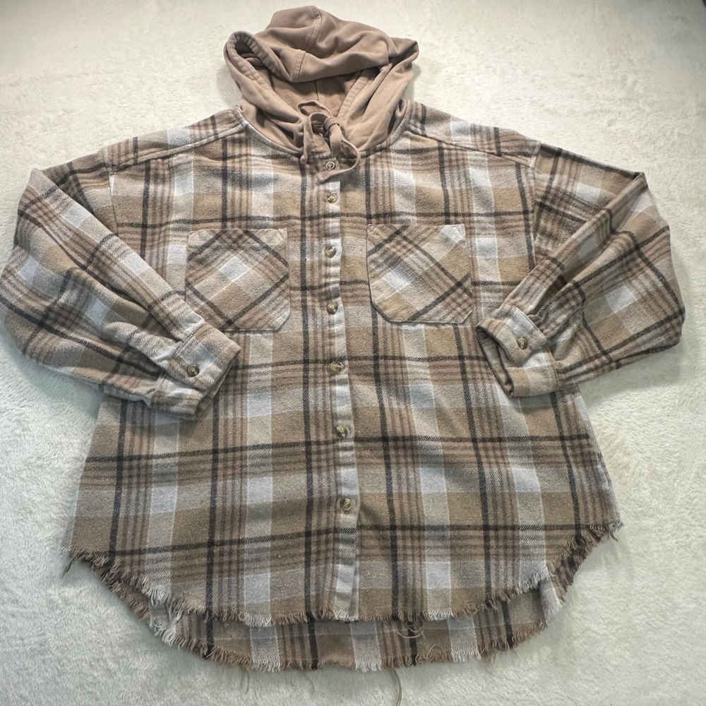 Altar'd State Plaid Hooded Shacket Tan Brown Frayed Hem Flannel AJ90022 Large